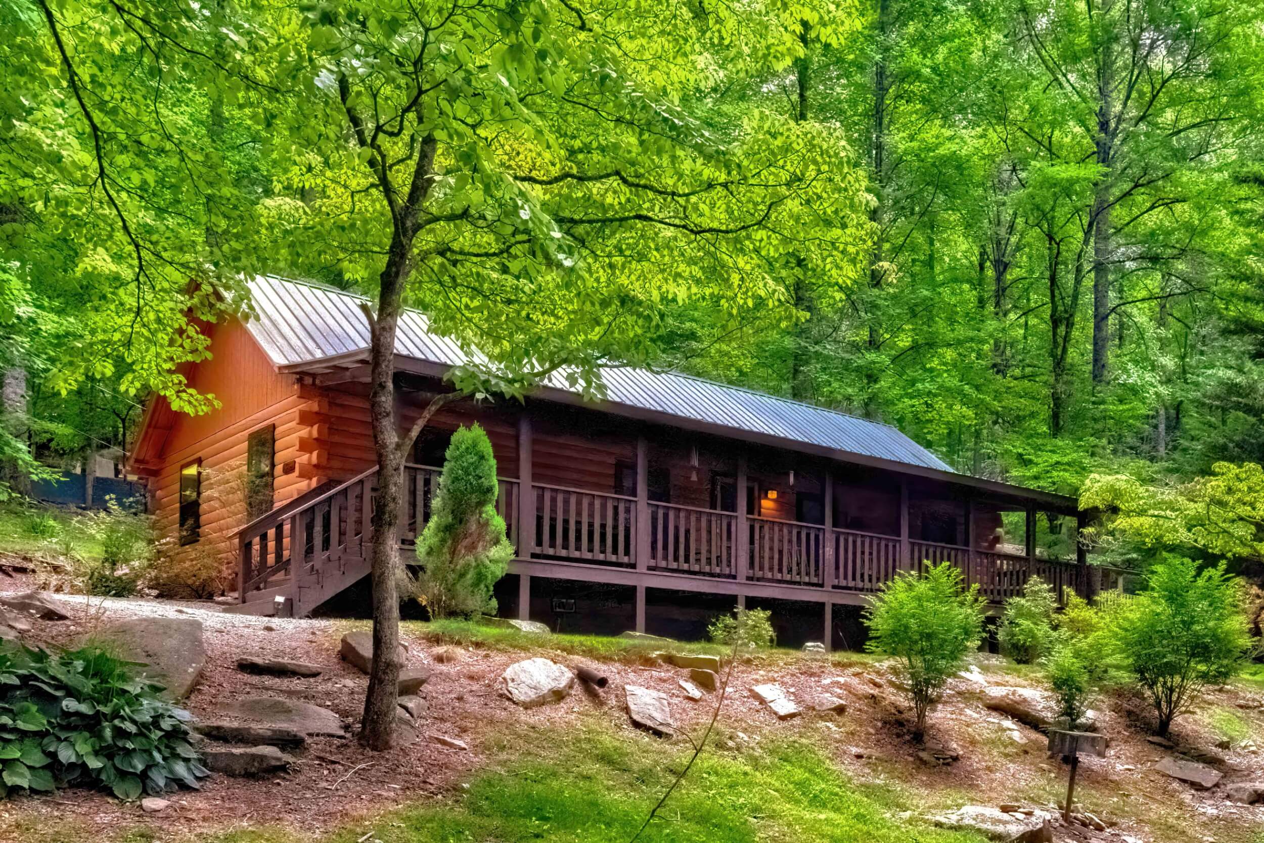 Creekside cabin rental deck at Panther Creek Cabins in Cherokee NC